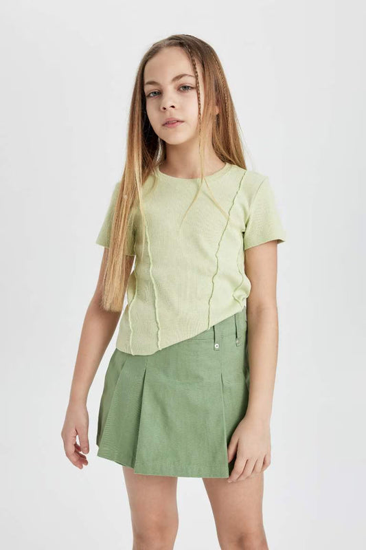 Girl Slim Fit Crew Neck Basic Rib T-Shirt - - Green