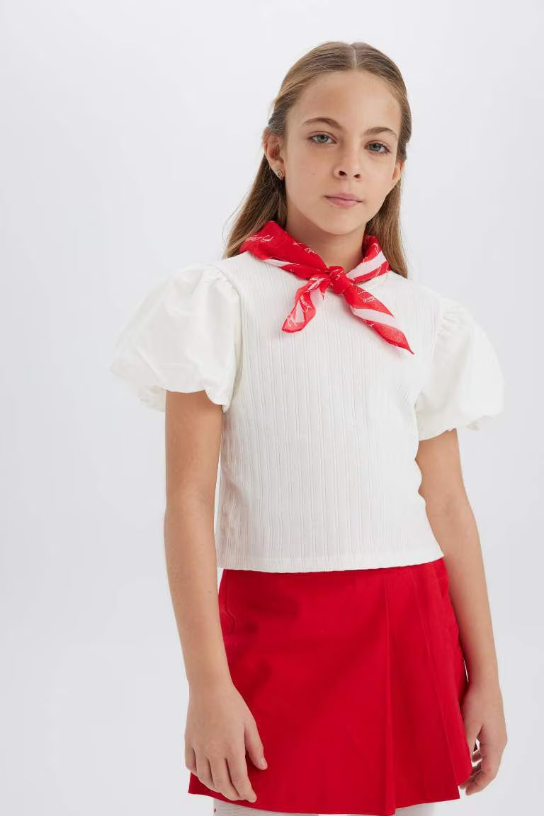 Girl Crew Neck Corduroy Short Sleeve T-shirt - -