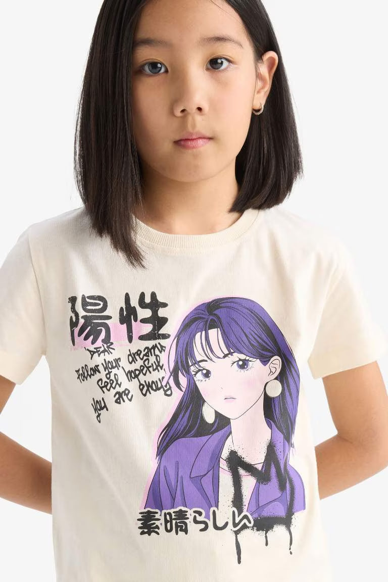 Girl Regular Fit Crew Neck Anime Printed T-Shirt - - stone