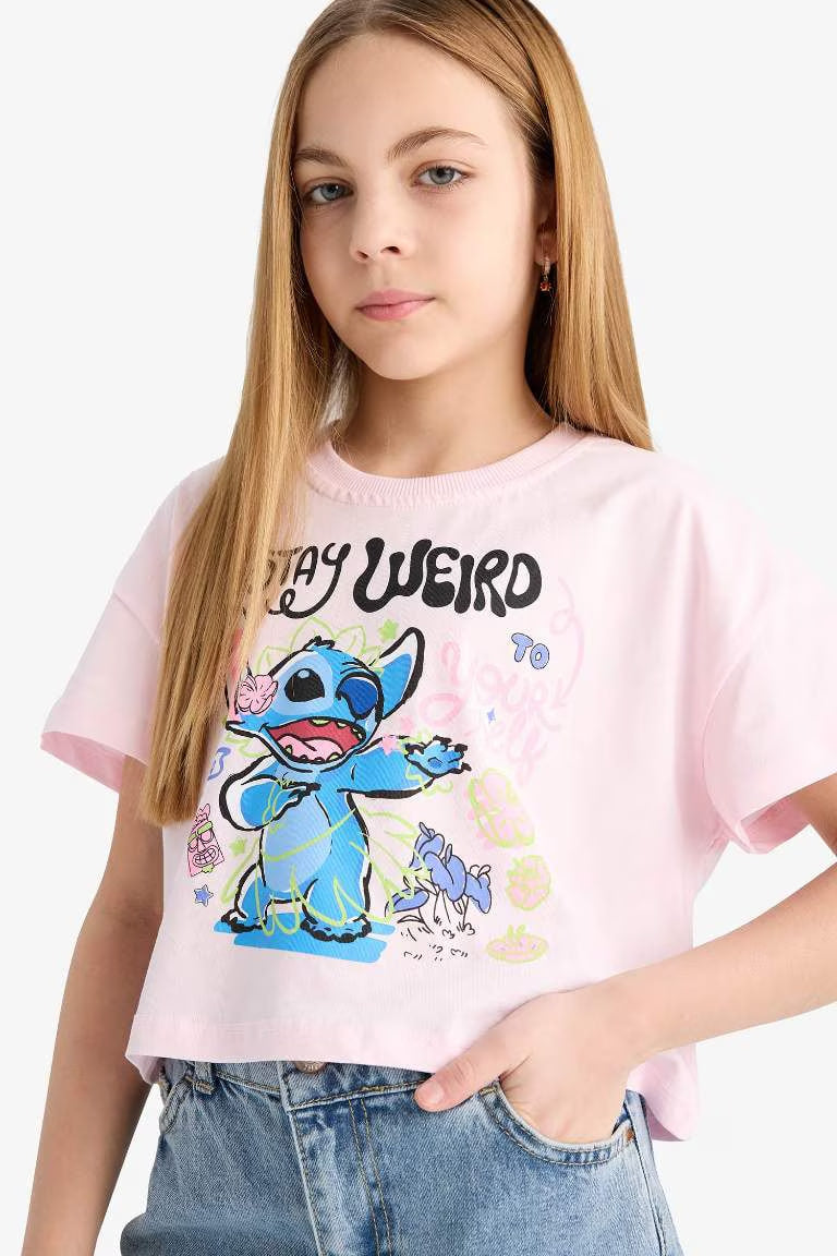 Girl Disney Lilo & Stitch Crew Neck Short Sleeve T-Shirt - - Pink