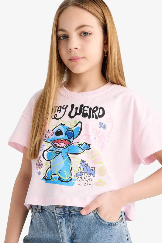 Girl Disney Lilo & Stitch Crew Neck Short Sleeve T-Shirt - - Pink