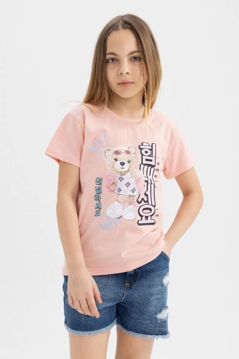 Girl Teddy Bear Printed Short Sleeve T-Shirt - - Pink