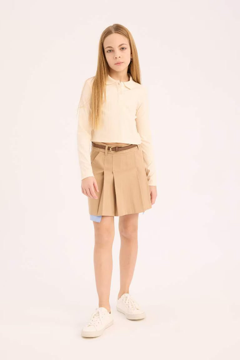 Girl Slim Fit Ribbed Long Sleeve Polo T-Shirt - -