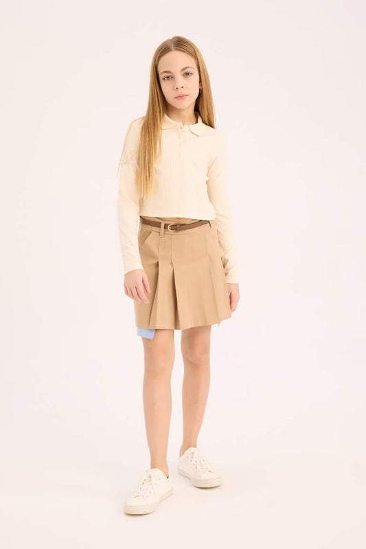 Girl Slim Fit Ribbed Long Sleeve Polo T-Shirt - -