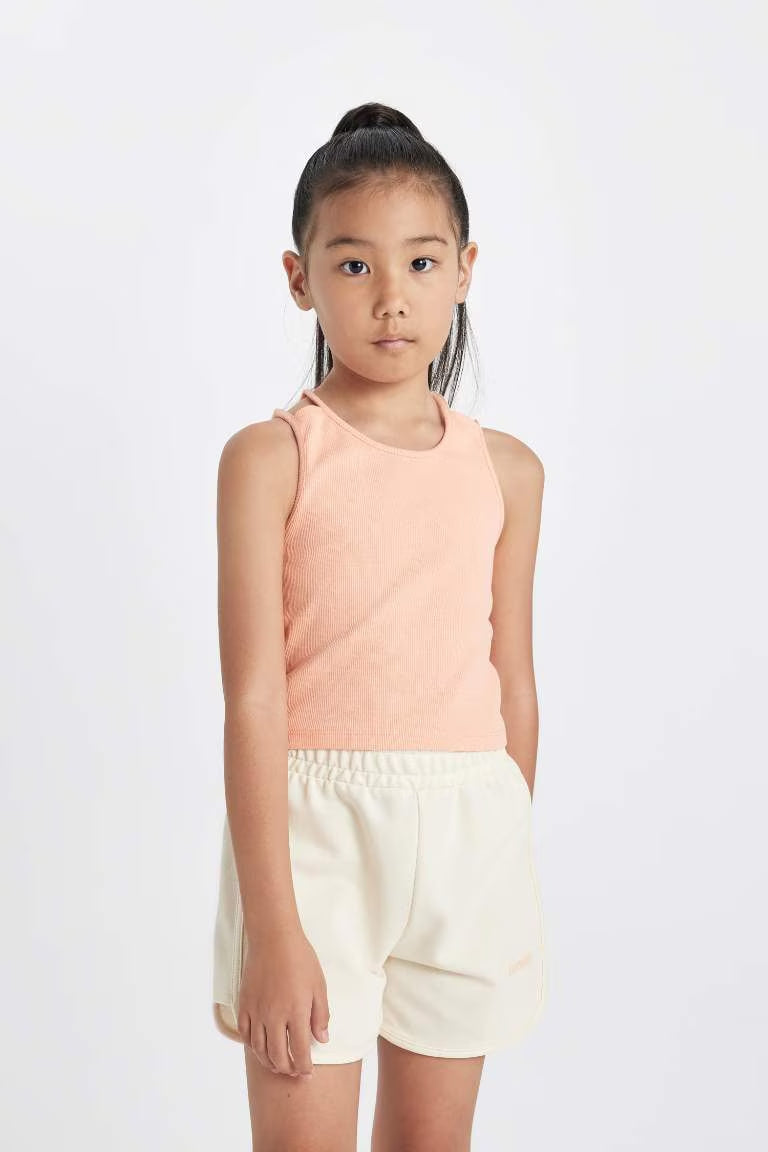 Girl Crew Neck Basic Crop Top - - Salmon