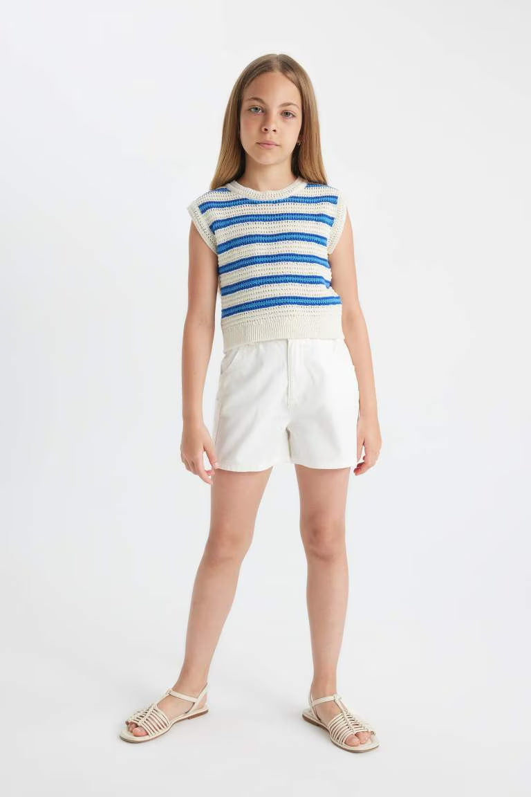 Girl Striped Openwork Crop Top - -