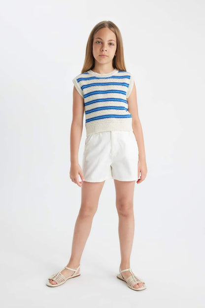 Girl Striped Openwork Crop Top - -