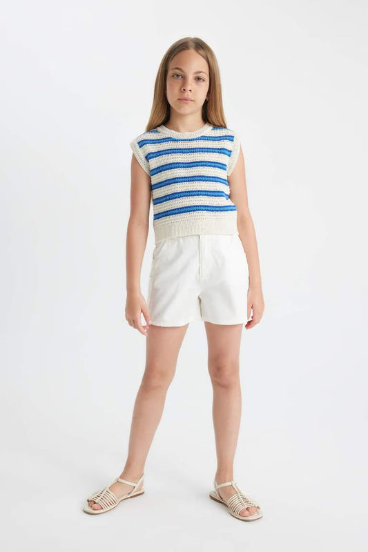 Girl Striped Openwork Crop Top - -