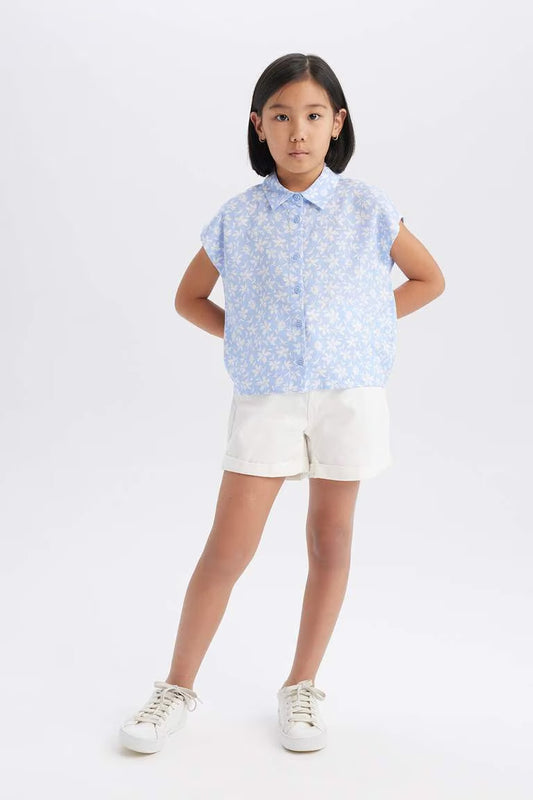 Girl Cotton Floral Short Sleeve Crop Shirt - -