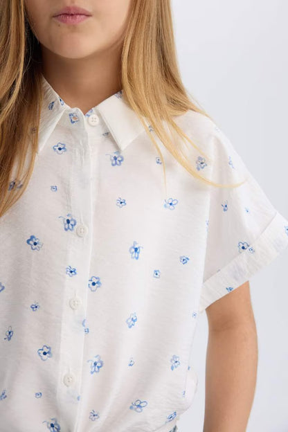 Girl Patterned Tie Detailed Crop Shirt - -