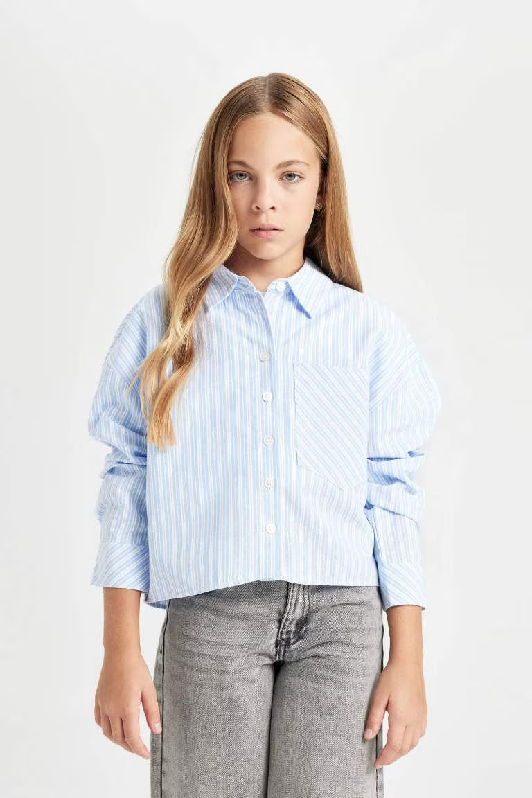 Girl Cotton Striped Long Sleeve Crop Shirt - -
