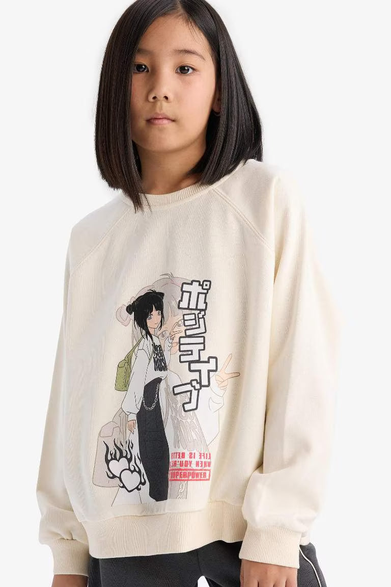 Girl Relax Fit Crew Neck Anime Printed Sweatshirt - - Ecru