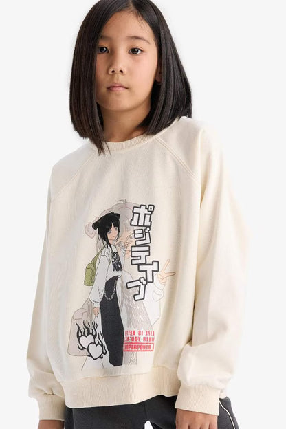 Girl Relax Fit Crew Neck Anime Printed Sweatshirt - - Ecru
