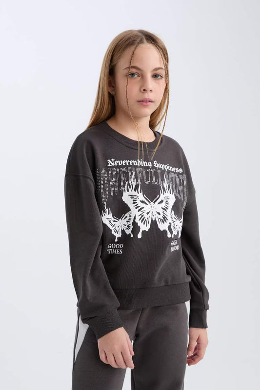 Girl Oversize Fit Pattern Crew Neck Printed Sweatshirt - -