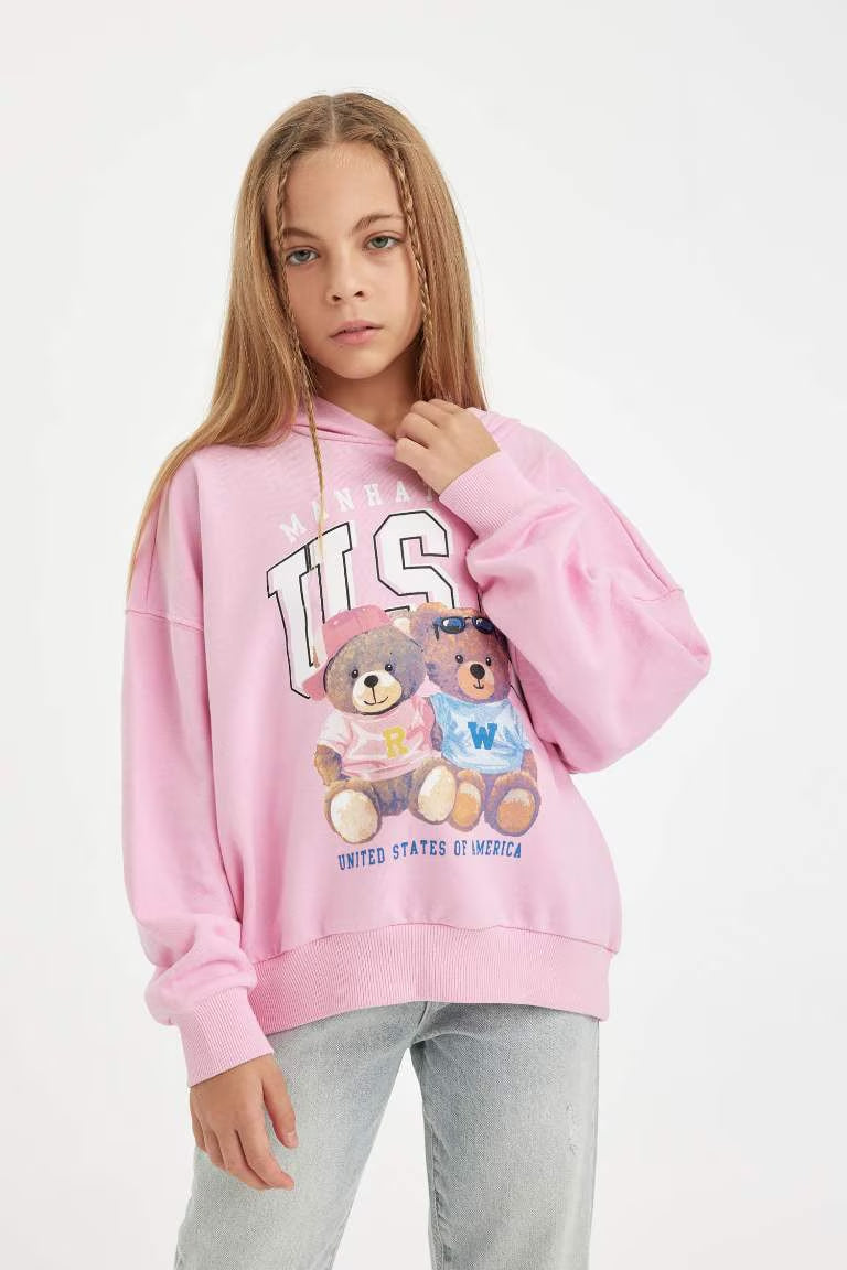Girl Oversize Fit Hooded Bear Printed Sweatshirt - - Pink