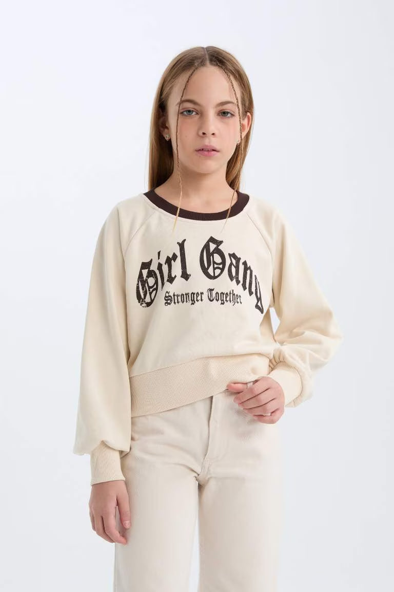 Girl Relax Fit Printed Soft Furry Inside Sweatshirt - - stone