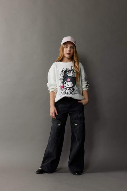 Girl Kuromi Oversize Fit Crew Neck Animal Patterned Sweatshirt - -