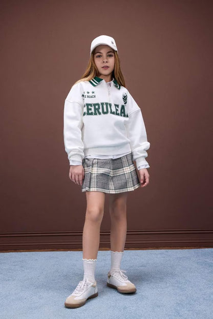 Girl Oversize Fit Polo Neck Printed Soft Furry Sweatshirt - -