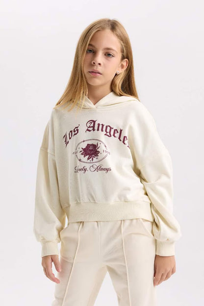 Girl Ecru Oversized Fit Hooded Printed Sweatshirt - -