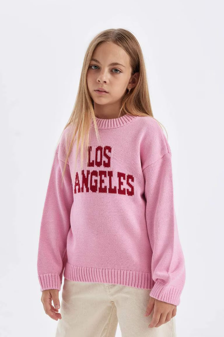 Girl Oversize Fit Crew Neck Written Patterned Knitted Pullover - -