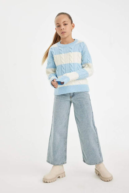 Girl Regular Fit Crew Neck Striped Knitted Pullover - -