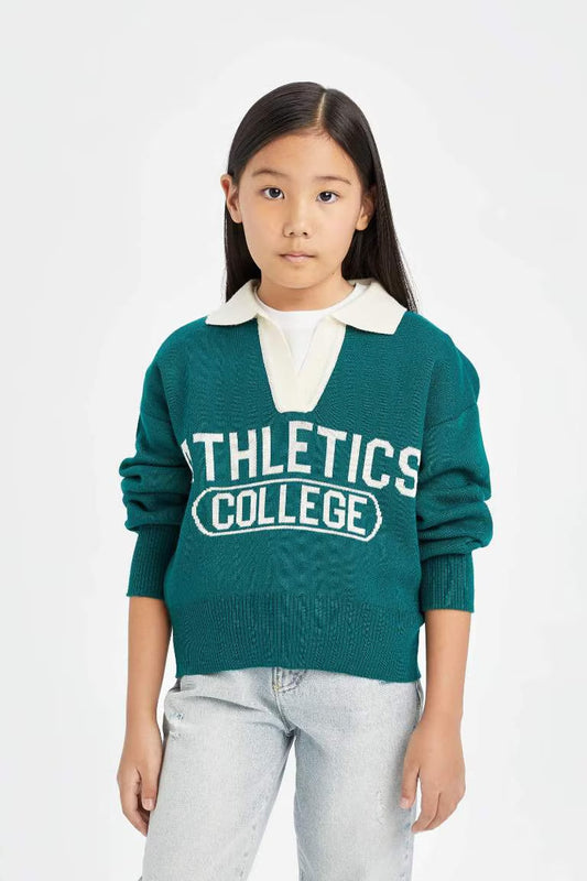 Girl Polo Neck Text Printed Knitwear Pullover - -