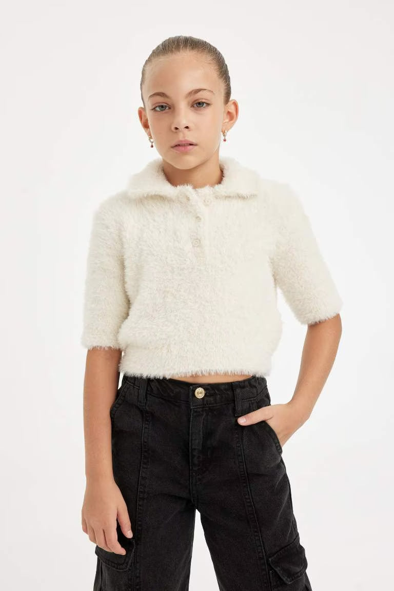 Girl Regular Fit Polo Neck Soft Textured Knitted Pullover - -