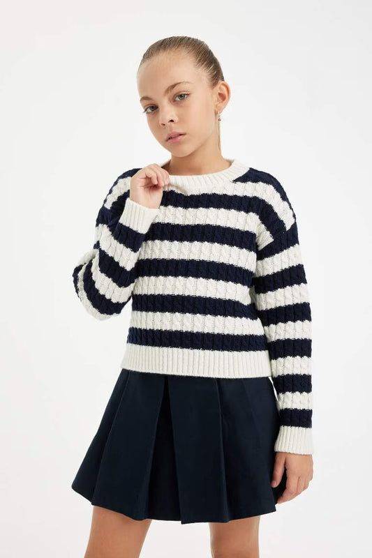 Girl Standard Fit Striped Crew Neck Pullover - - Navy