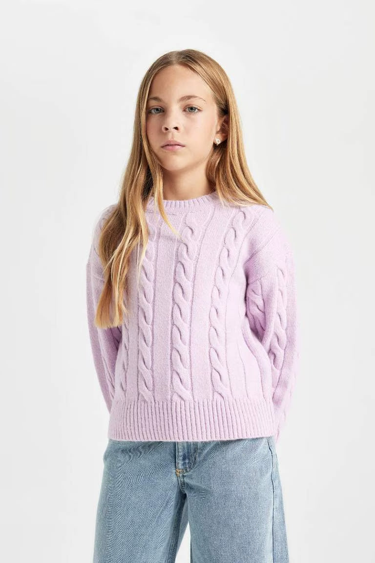 Girl Crew Neck Hair Knitted Pullover - -