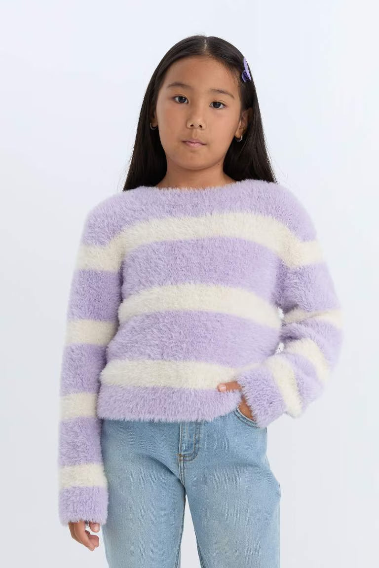 Girl Crew Neck Striped Pullover - - lavender