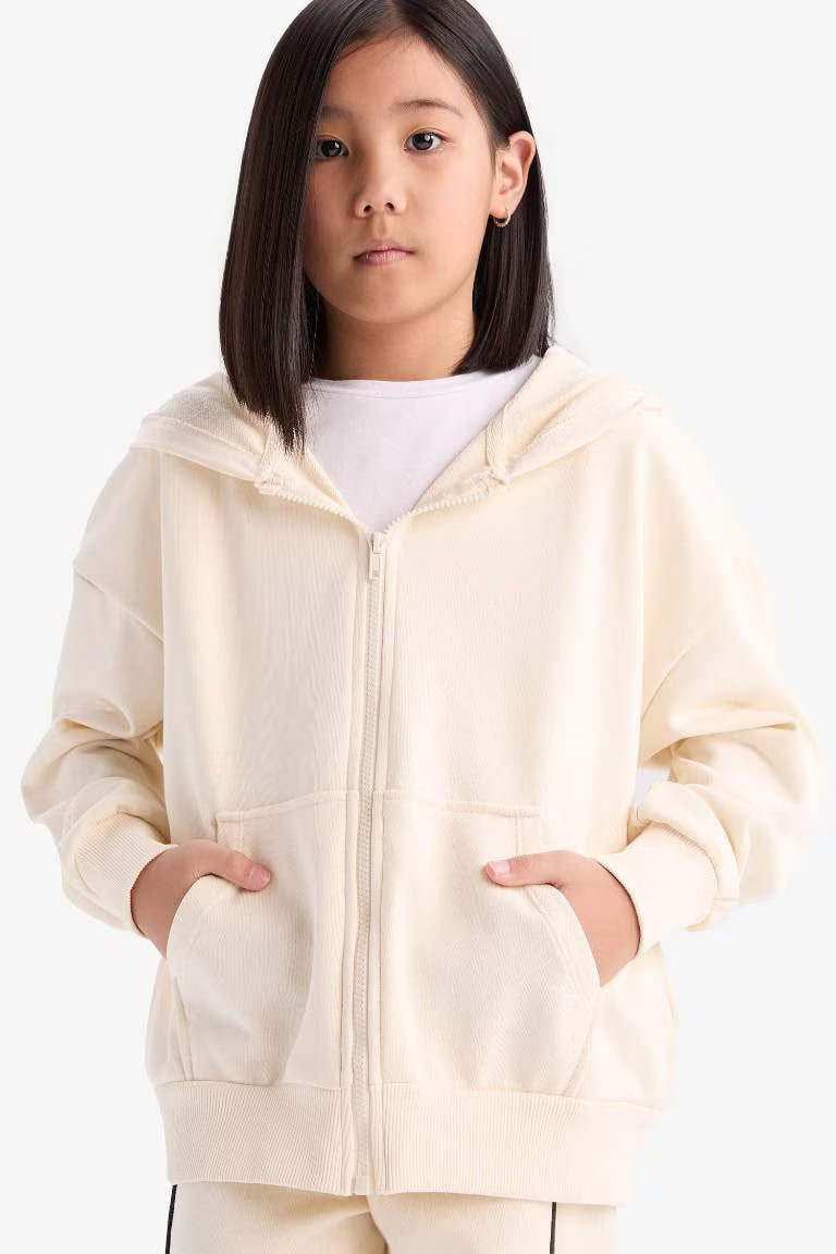 Girl Hooded Basic Pocket Zippered Sweatshirt - - Ecru