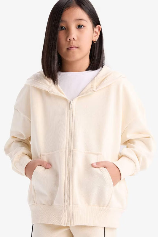 Girl Hooded Basic Pocket Zippered Sweatshirt - - Ecru