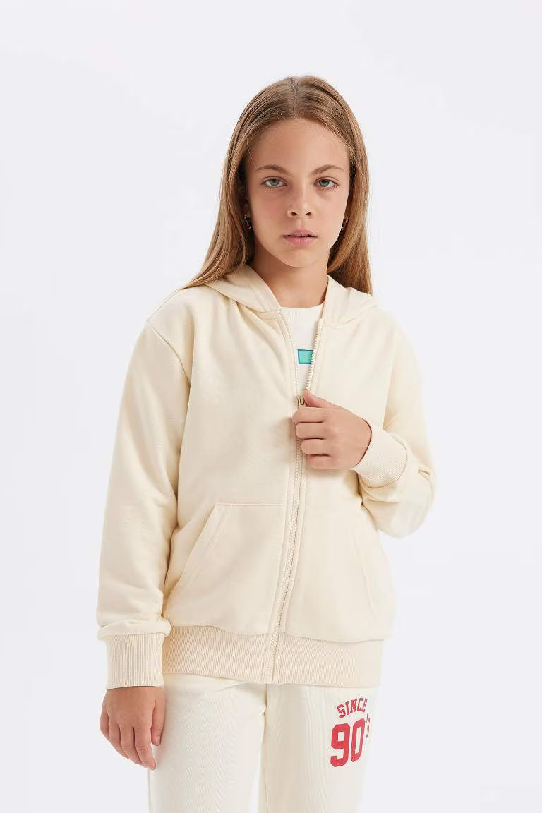 Girl Basic Hooded Zippered School Cardigan - -