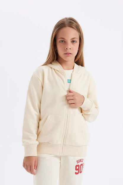 Girl Basic Hooded Zippered School Cardigan - -