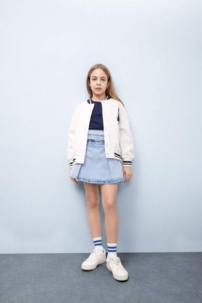 Girl University Back Printed College Collar Thick Fabric Bomber Jacket - -