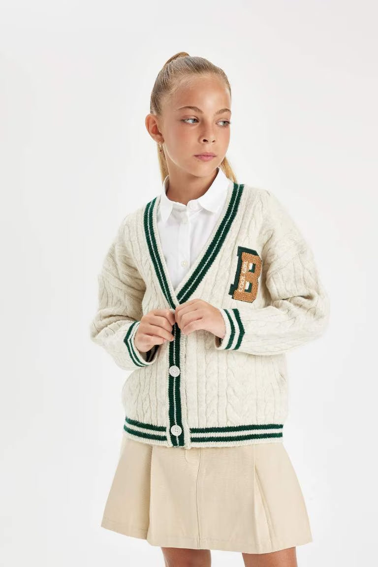 Girl Knitwear V Neck Button Closure Cardigan - - Ecru