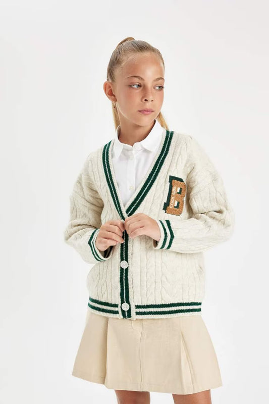 Girl Knitwear V Neck Button Closure Cardigan - - Ecru