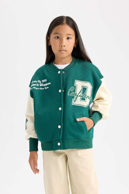 Girl College Collar Pocketed Light Printed Thick Bomber Jacket - - Dark green