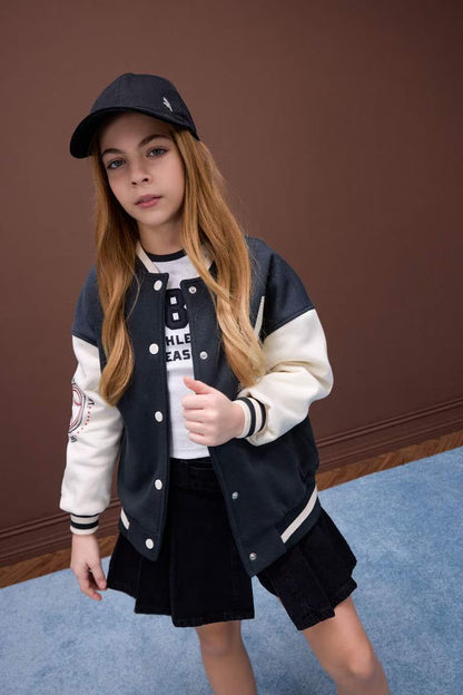 Girl Printed College Collar Soft Furry Inside Bomber Jacket - -