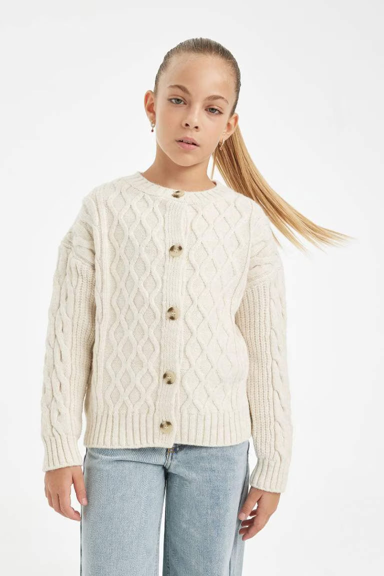 Standard Fit Crew Neck Cardigan - -