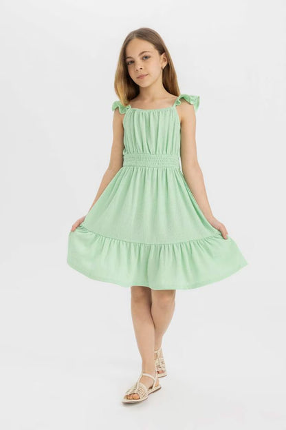 Girl Strappy Wrinkled Dress - - light green