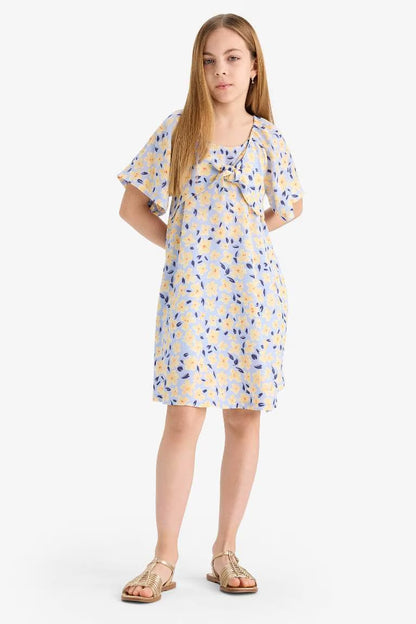 Girl Patterned Viscose Short Sleeve Dress - - Cornflower Blue