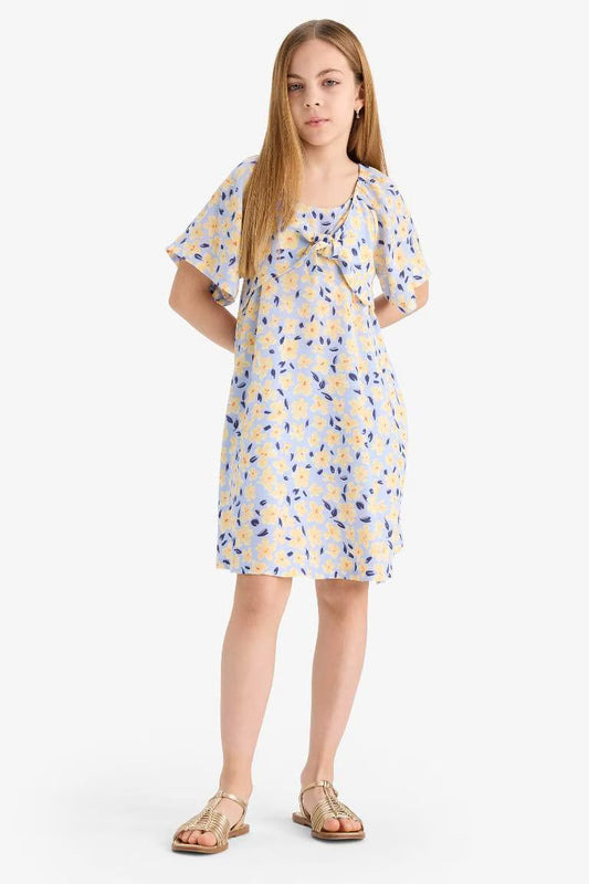 Girl Patterned Viscose Short Sleeve Dress - - Cornflower Blue