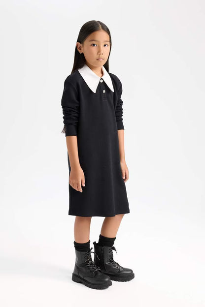 Girl Shirt Collar Basic Long Sleeve Black Dress - - Black
