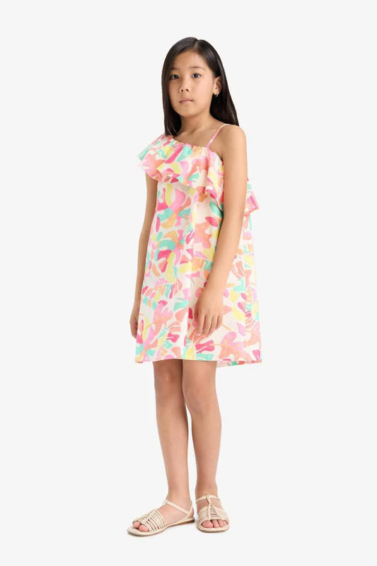 Girl One Shoulder Patterned Poplin Dress - -