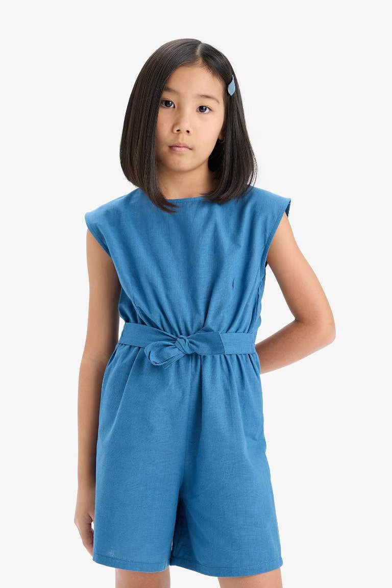 Girl Cotton Sleeveless Short Jumpsuit - - Blue