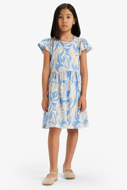 Girl Crew Neck Patterned Short Sleeve Dress - -