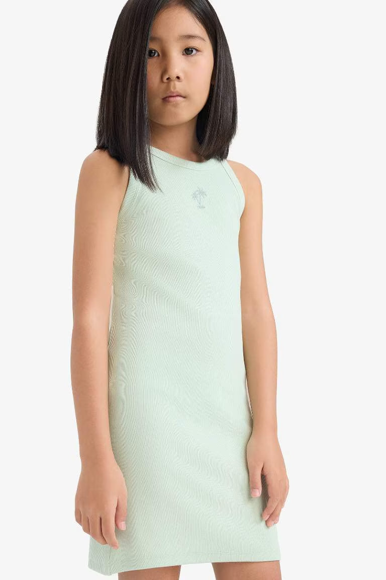 Fitted Crew Neck Corduroy Sleeveless Dress - - light mint