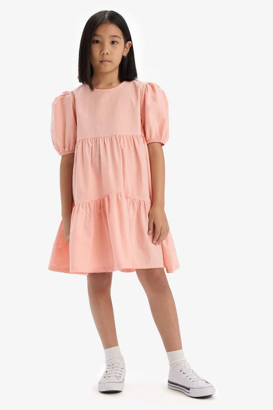 Girl Crew Neck Cotton Short Sleeve Red Dress - - Pink