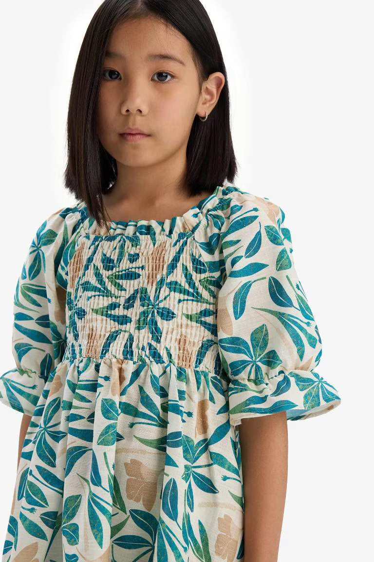 Girl Patterned Cotton Short Sleeve Dress - - Beige